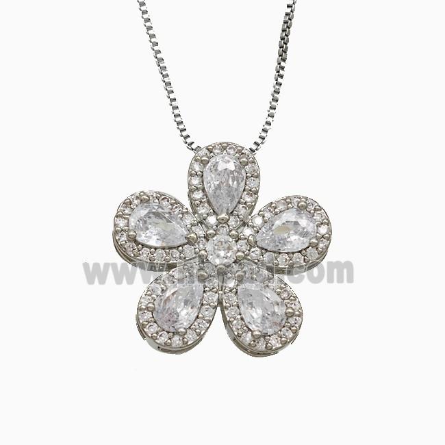 Copper Flower Neckace Pave Zirconia Crystal Glass Platinum Plated