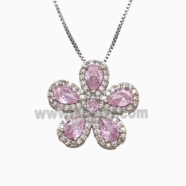 Copper Flower Neckace Pave Zirconia Crystal Glass Platinum Plated