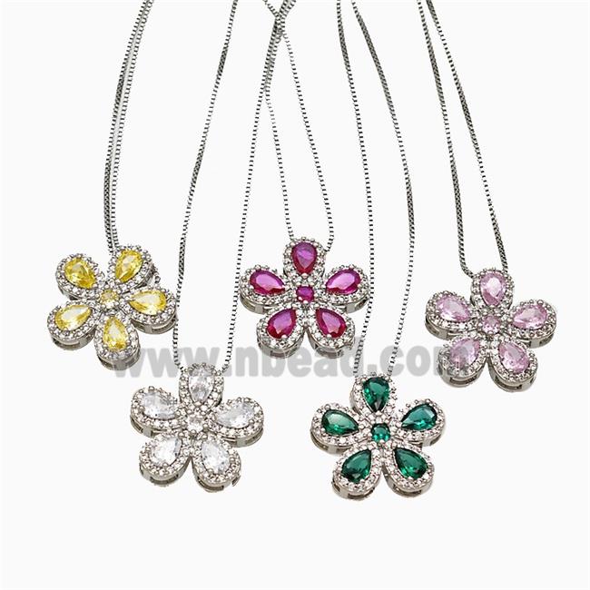 Copper Flower Neckace Pave Zirconia Crystal Glass Platinum Plated Mixed