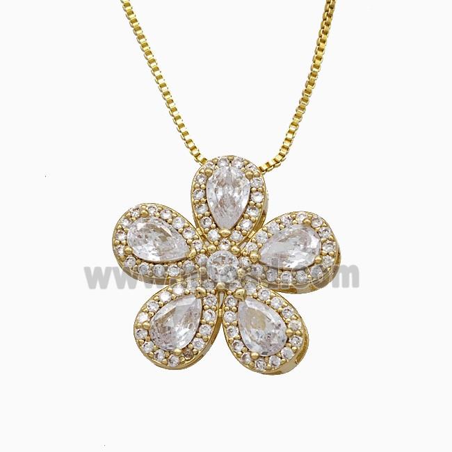 Copper Flower Neckace Pave Zirconia Crystal Glass Gold Plated