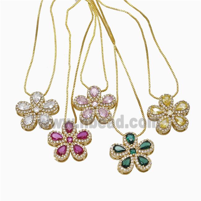 Copper Flower Neckace Pave Zirconia Crystal Glass Gold Plated Mixed