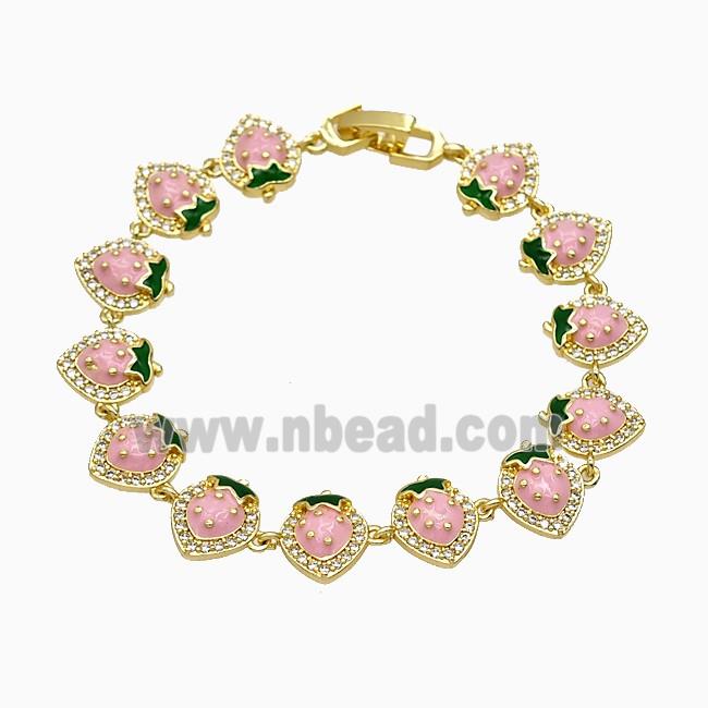 Copper Strawberry Bracelet Pave Zirconia Pink Enamel Gold Plated