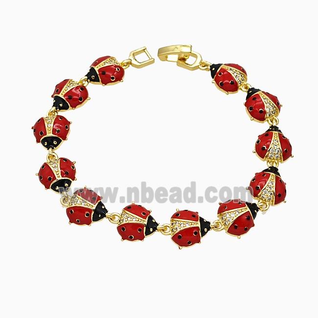 Copper Ladybug Bracelet Pave Zirconia Red Enamel Gold Plated