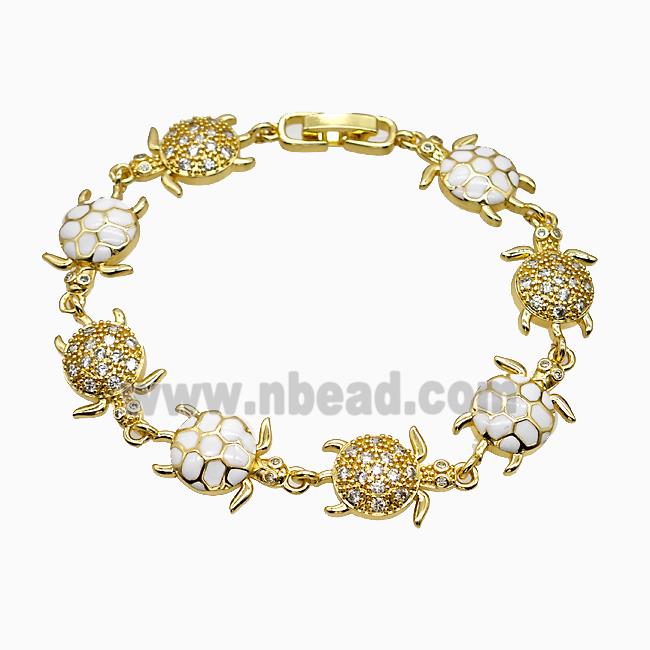 Copper Tortoise Bracelet Pave Zirconia White Enamel Gold Plated