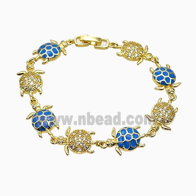 Copper Tortoise Bracelet Pave Zirconia Blue Enamel Gold Plated