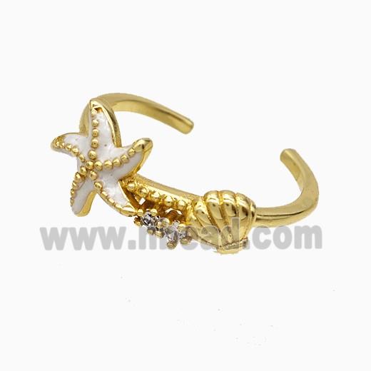 Copper Starfish Rings White Enamel Scallop Shell Gold Plated