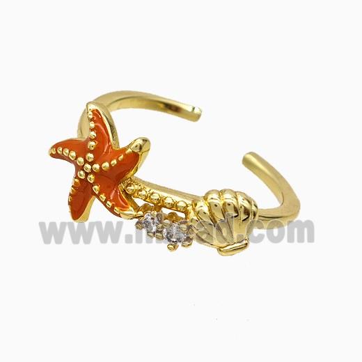 Copper Starfish Rings Orange Enamel Scallop Shell Gold Plated