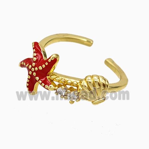 Copper Starfish Rings Red Enamel Scallop Shell Gold Plated