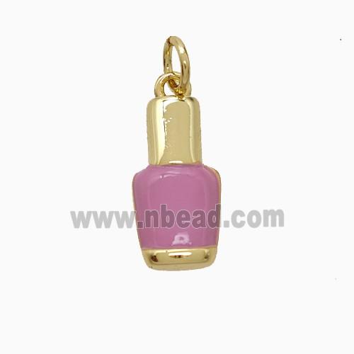Nail Polish Bottle Charms Copper Pendant Pink Enamel Gold Plated