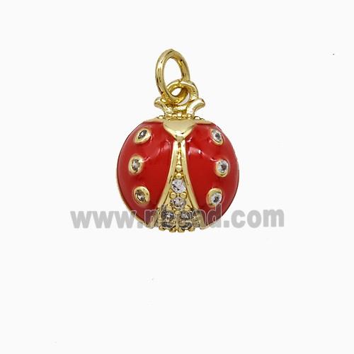 Copper Ladybug Pendant Pave Zirconia Red Enamel Gold Plated