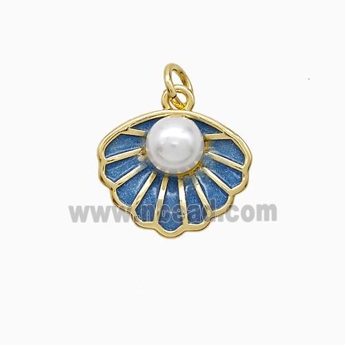 Copper Scallop Shell Pendant Pave Resin Teal Painted Gold Plated