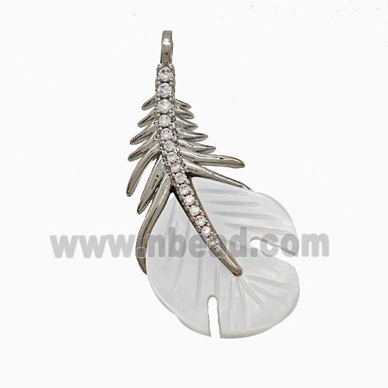 Copper Feather Pendant Pave Zirconia Shell Platinum Plated