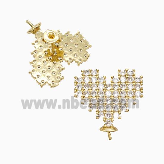Copper Heart Stud Earrings Pave Zirconia With Bail 18K Gold Plated