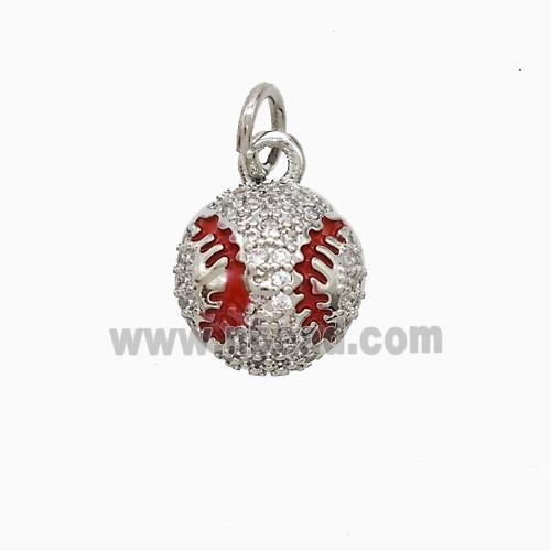 Copper Rugby Pendant Pave Zirconia Red Enamel American Football Sports Platinum Plated