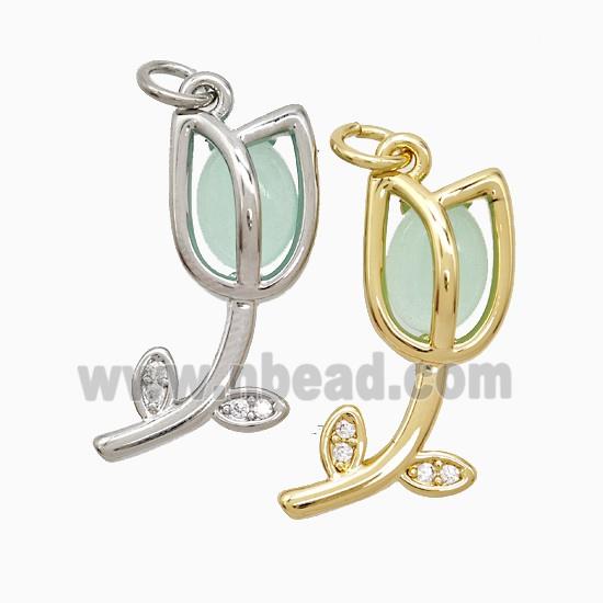 Copper Tulip Pendant Pave Jade Flower Mixed