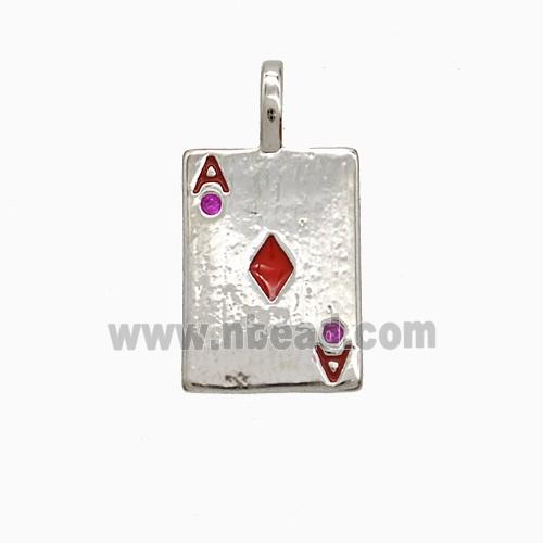 Playing Card Charms Copper ACE Diamonds Pendant Pave Zirconia Red Enamel Platinum Plated