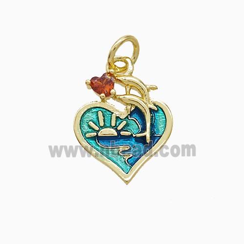 Copper Dolphin Sun Heart Pendant Green Painted Gold Plated