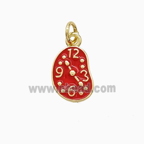 Copper Clock Pendant Red Enamel Gold Plated