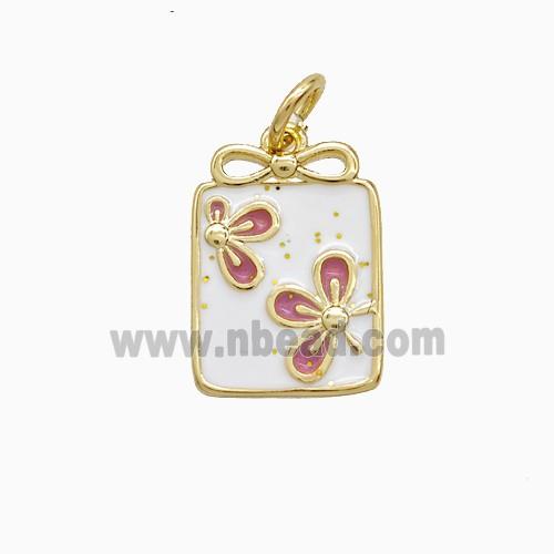 Copper Flower Pendant White Pink Enamel Rectangle Gold Plated