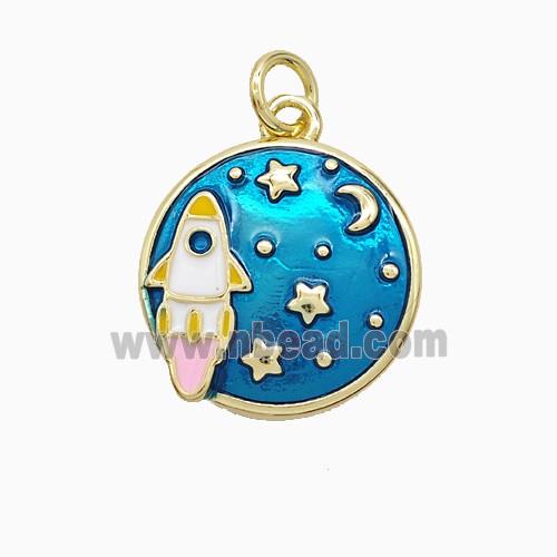 Space Rocket Charms Copper Pendant Blue Painted Gold Plated