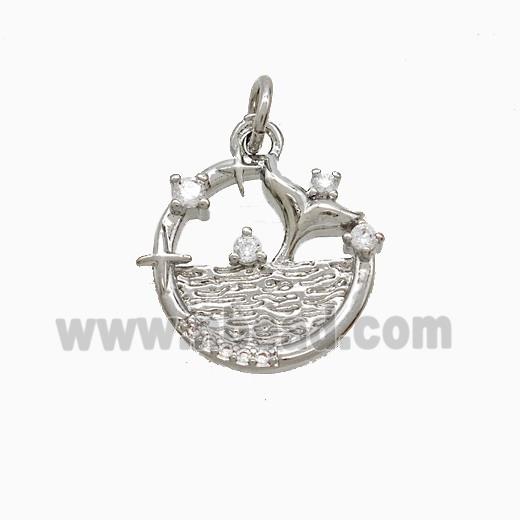Copper Shark-Tail Pendant Pave Zirconia Ocean Platinum Plated