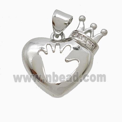 Copper Heart Crown Pendant Pave Zirconia Hand Platinum Plated