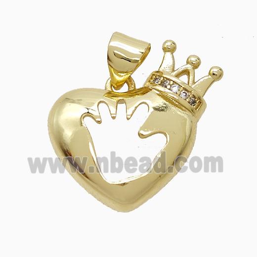 Copper Heart Crown Pendant Pave Zirconia Hand Gold Plated