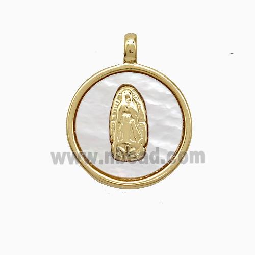 Copper Virgin Mary Pendant Pave Shell Circle Gold Plated