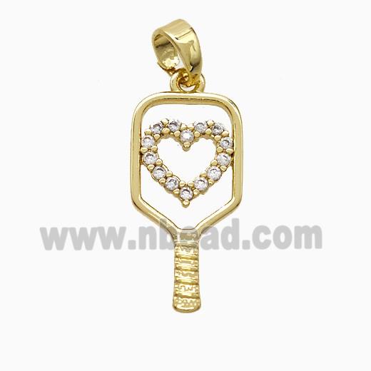 Pickleball Paddle Copper Pendant Pave Zirconia Heart Sports Gold Plated