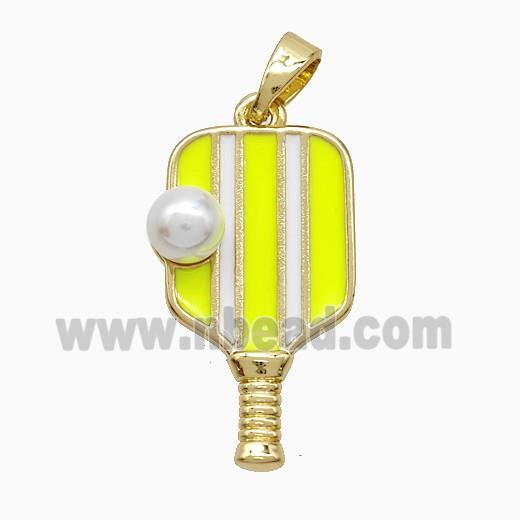 Copper Pickleball Paddle Pendant Pave Resin Yellow Enamel Sports Gold Plated