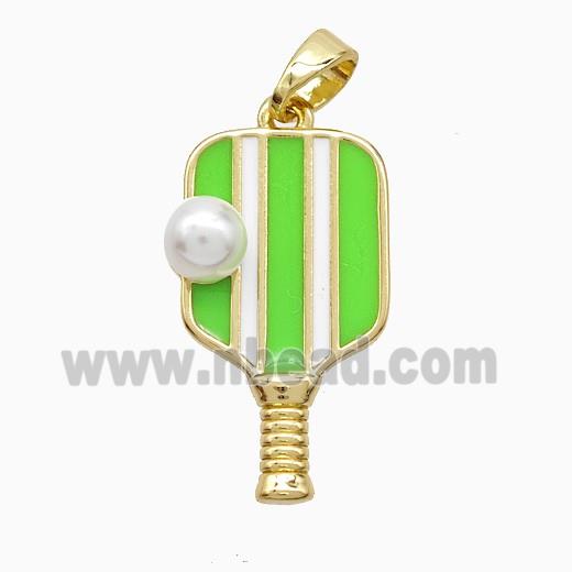 Copper Pickleball Paddle Pendant Pave Resin Green Enamel Sports Gold Plated