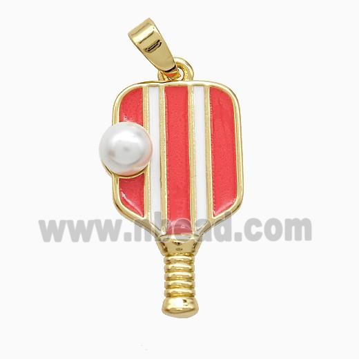 Copper Pickleball Paddle Pendant Pave Resin Red Enamel Sports Gold Plated