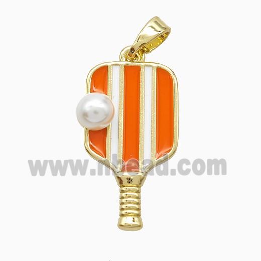 Copper Pickleball Paddle Pendant Pave Resin Orange Enamel Sports Gold Plated