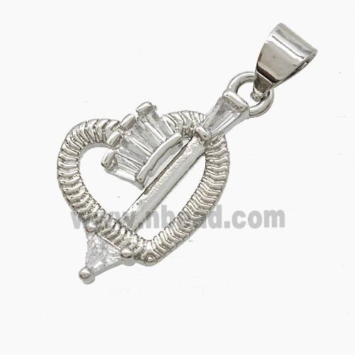 Copper Cupid Arrow Heart Pendant Pave Zirconia Platinum Plated