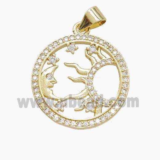Copper Sun Moon Pendant Pave Zirconia Gold Plated