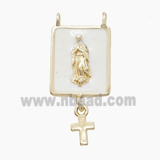 Copper Jesus Pendant White Enamel Cross 2loops Gold Plated