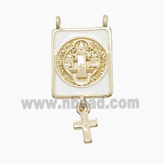 Copper Saint Jude Pendant White Enamel Cross 2loops Gold Plated