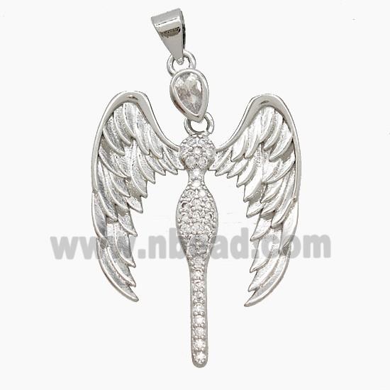 Copper Fairy Pendant Pave Zirconia Angel Wings Platinum Plated