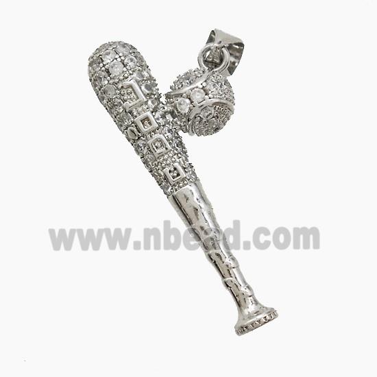Baseball And Bat Copper Pendant Pave Zirconia Sports Platinum Plated