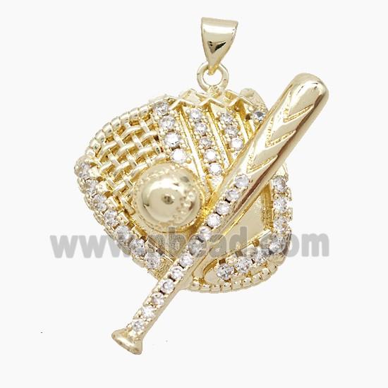 Baseball Bat Gloves Charms Copper Pendant Pave Zirconia Gold Plated