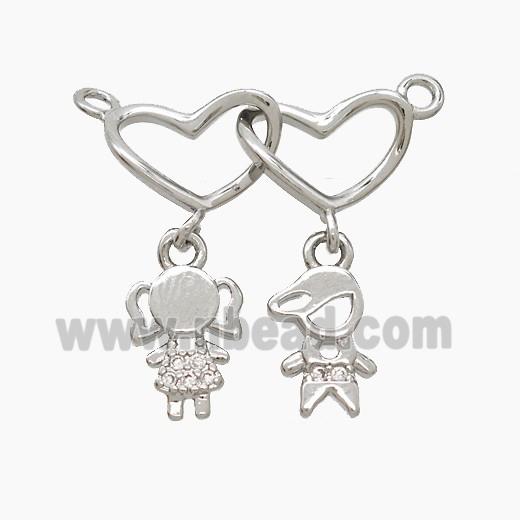 Copper Heart Kids Pendant Pave Zirconia 2loops Platinum Plated