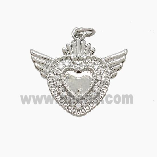 Copper Heart Angel Wings Pave Zirconia Platinum Plated