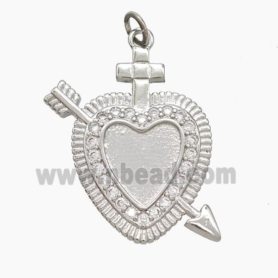Copper Cupid Arrow Heart Pendant Pave Zirconia Platinum Plated