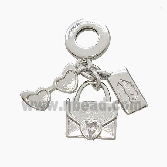 Copper Glasses And Handbag Lips Pendant Pave Zirconia Platinum Plated