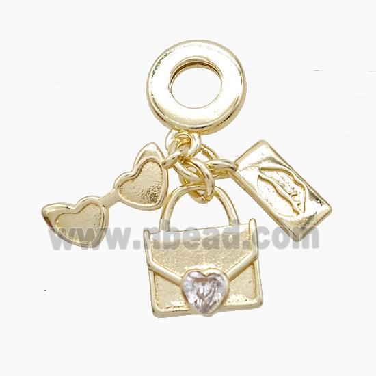 Copper Glasses And Handbag Lips Pendant Pave Zirconia Gold Plated