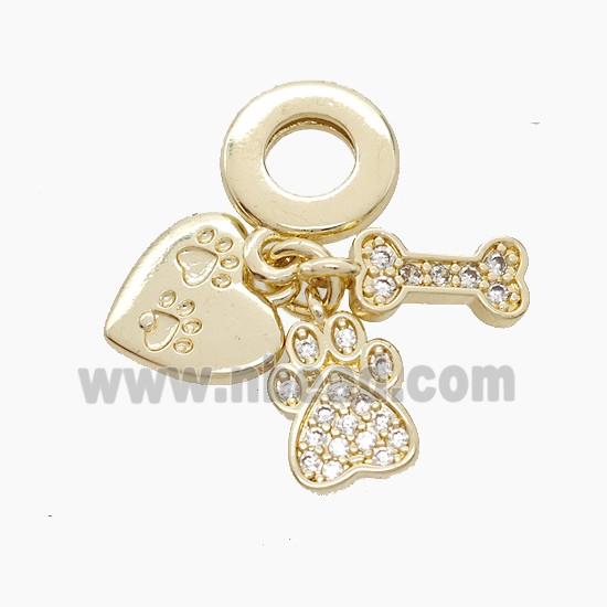 Copper Heart And Dogbone Paws Pendant Pave Zirconia Gold Plated