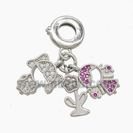 Copper Kids And Flower Pendant Pave Zirconia Platinum Plated