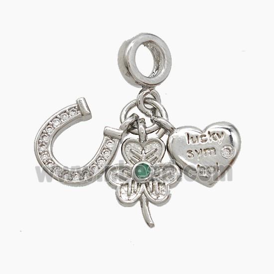 Copper Heart And Flower Horseshoe Pendant Pave Zirconia Platinum Plated