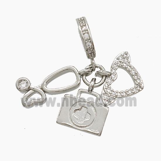 Copper Stethoscope And Heart Aidkit Pendant Pave Zirconia Platinum Plated