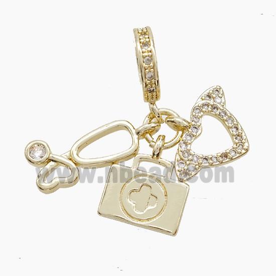 Copper Stethoscope And Heart Aidkit Pendant Pave Zirconia Gold Plated